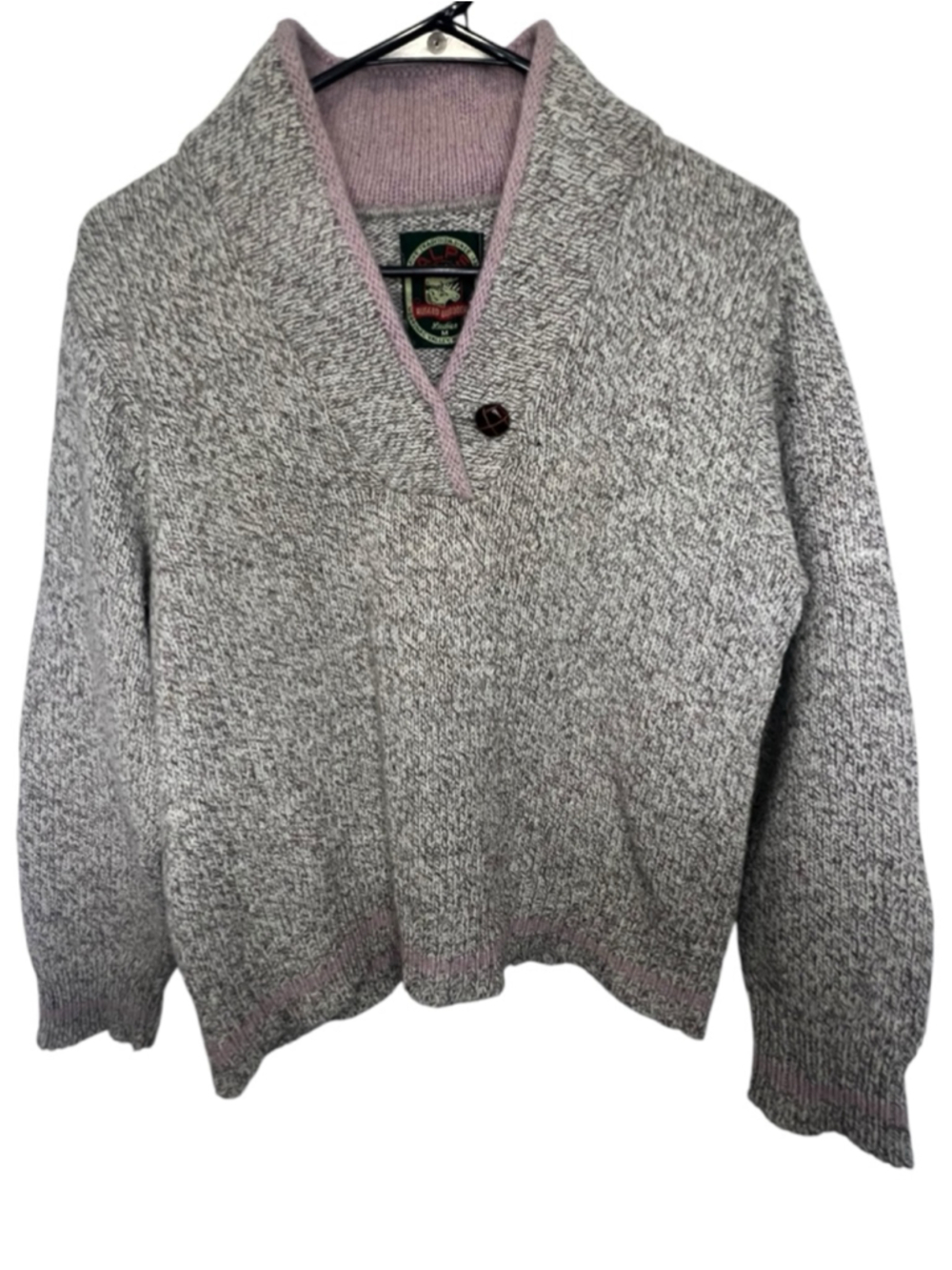 Vintage ALPS Rugged Outdoors Shawl Collar Grey Pullover Sweater With Pink Trim